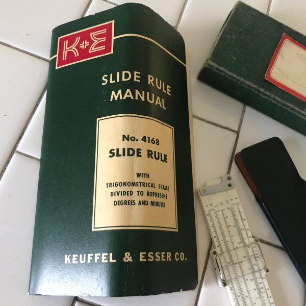 Vintage Keuffel & Esser Slide rule set original box instruction manual leather sheath and rule collectible drafting medical mathmetics 1947