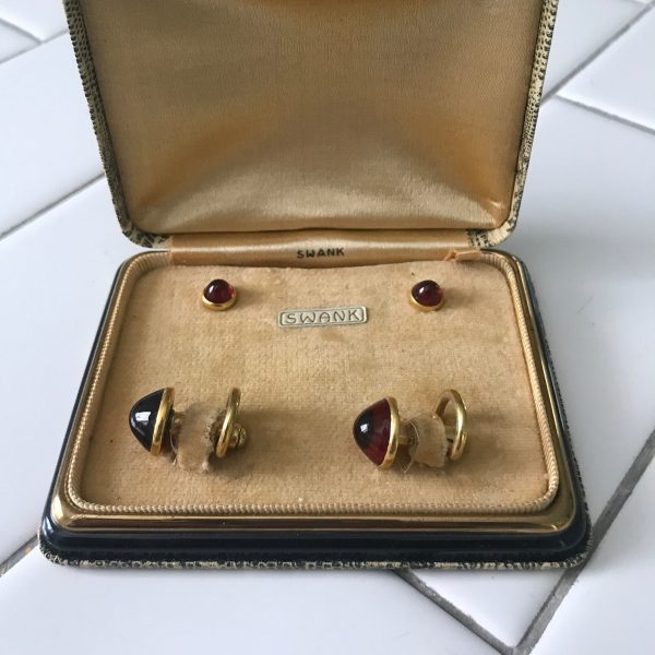 Vintage Men's Swank Buttons and Cuff links red stones collectible display unique quality men's jewelry