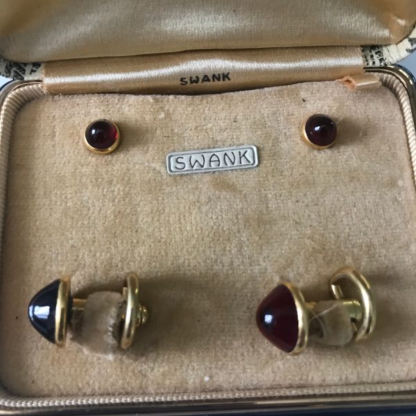 Vintage Men's Swank Buttons and Cuff links red stones collectible display unique quality men's jewelry