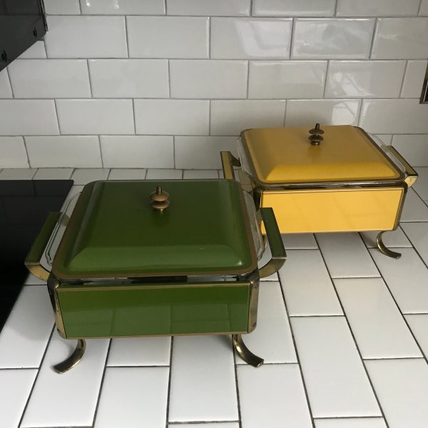 Vintage Mid Century Modern Chaffing Dishes Warming pans party special event modern kitchen green or yellow enamel handles brass trim serving