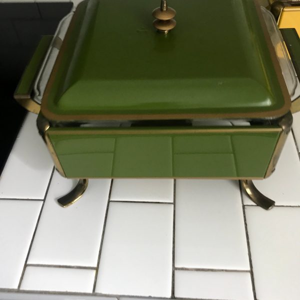 Vintage Mid Century Modern Chaffing Dishes Warming pans party special event modern kitchen green or yellow enamel handles brass trim serving
