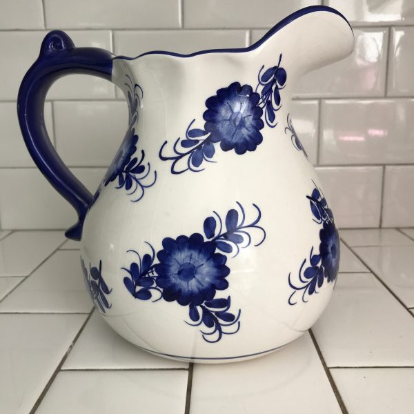 Vintage pitcher blue and white floral farmhouse collectible pottery home decor kitchen decor iced tea water