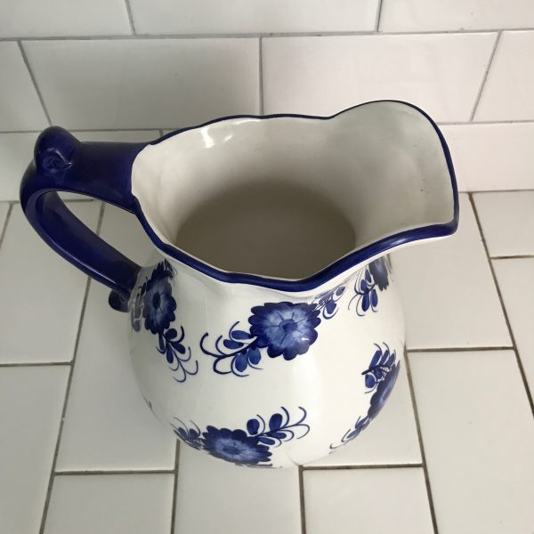 Vintage pitcher blue and white floral farmhouse collectible pottery home decor kitchen decor iced tea water
