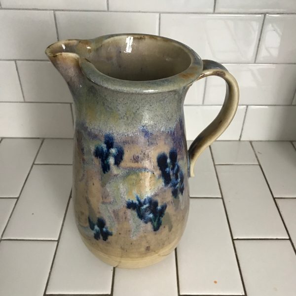Vintage pitcher dark blue floral artist signed farmhouse collectible pottery home decor kitchen decor iced tea water hand thrown 1955