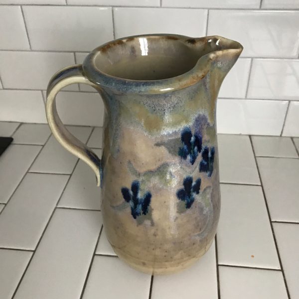 Vintage pitcher dark blue floral artist signed farmhouse collectible pottery home decor kitchen decor iced tea water hand thrown 1955
