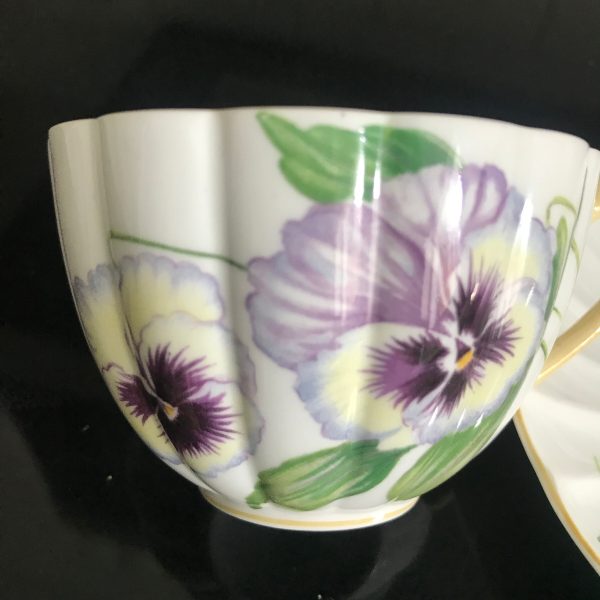 Vintage Shelley Pansey tea cup and saucer collectible yellow trim display England fine bone china farmhouse bed and breakfast
