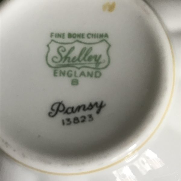 Vintage Shelley Pansey tea cup and saucer collectible yellow trim display England fine bone china farmhouse bed and breakfast