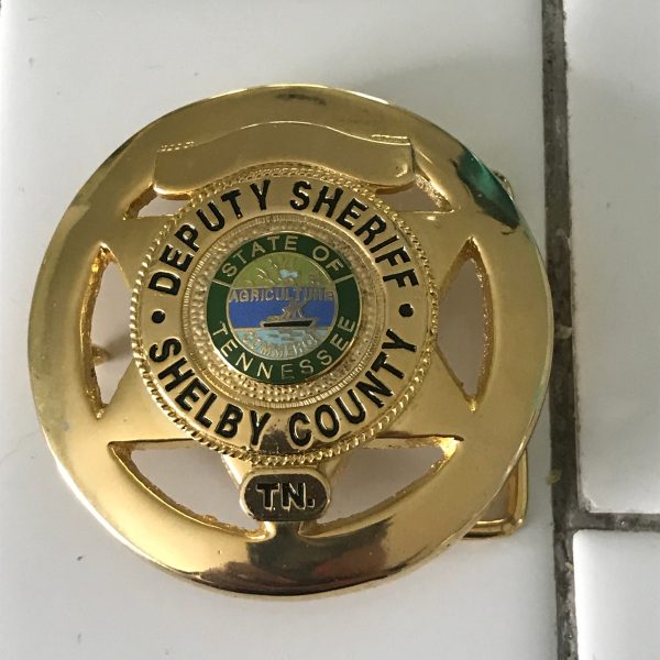 Vintage Solid Brass Belt Buckle Deputy Sheriff Badge Shelby County TN gold with enameled center collectible memorabilia