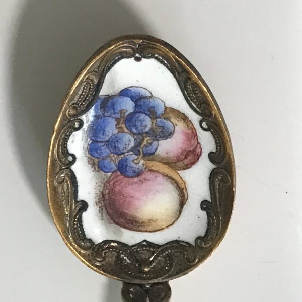Vintage Spoon Enameled center and top fruit pattern Brass ornate detail Czechoslovakia Early piece Unique fruit center