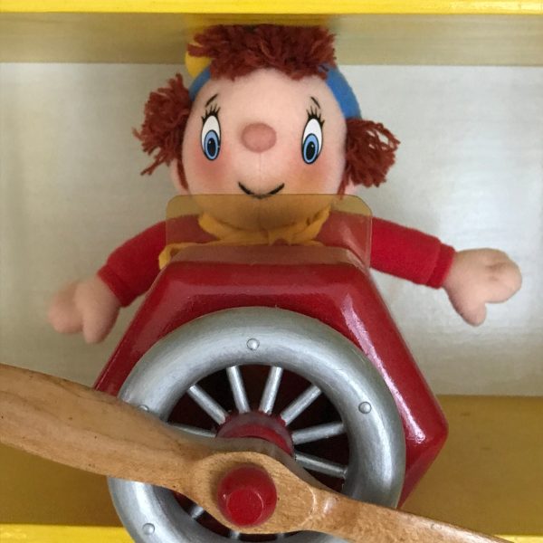 Vintage wall hanging Biplane on a Cloud shelf yellow and red with little flyer Noddy by Gund child's room Nursery collectible display shelf