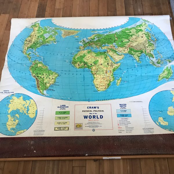 Vintage Wall size roll down World Map Classroom child's room garage laundry collectible giant map Cram Co. teaching and education