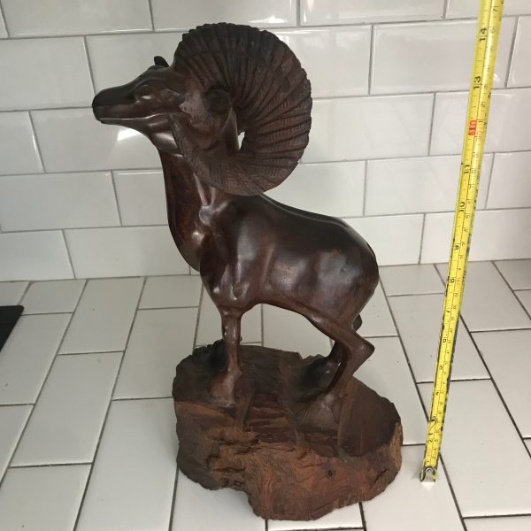 Vntage hand carved ironwood Large Ram Figurine 15" tall fantastic detail collectible display farmhouse lodge cabin mountain animal