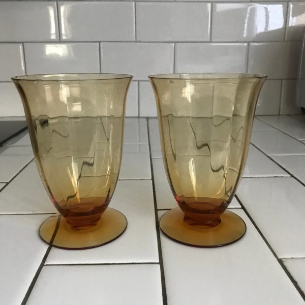 Vntage Paneled Glass Tumblers 2 amber depression glass farmhouse retro kitchen collectible display elegant drinkware