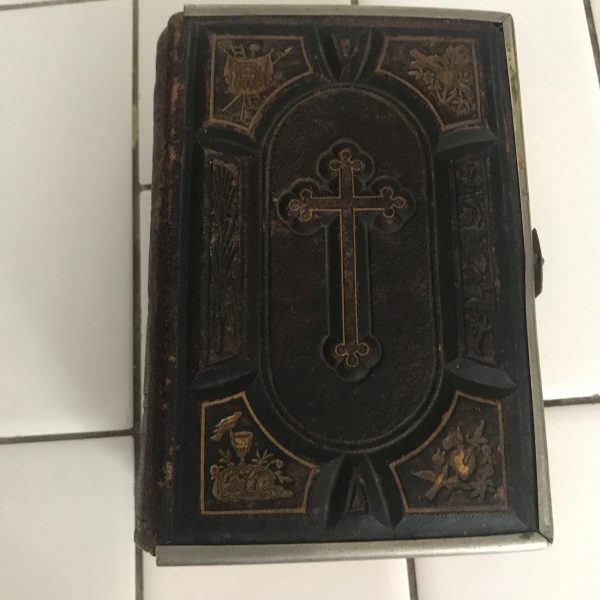 Antique 1878 The Golden Treasury of Prayer Book with gold edges and clip edge with leather binding and embossed cross front and back