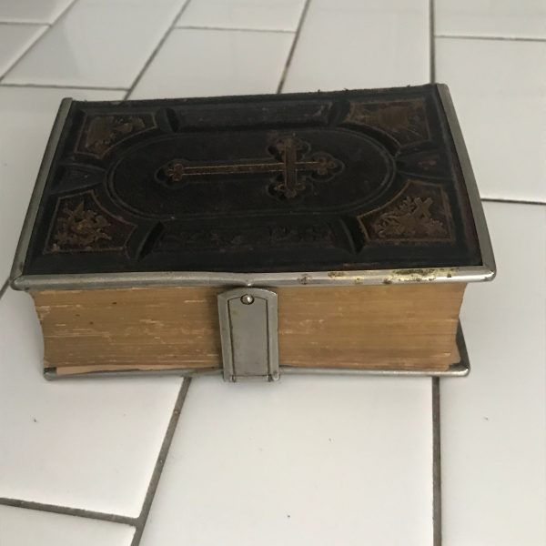 Antique 1878 The Golden Treasury of Prayer Book with gold edges and clip edge with leather binding and embossed cross front and back
