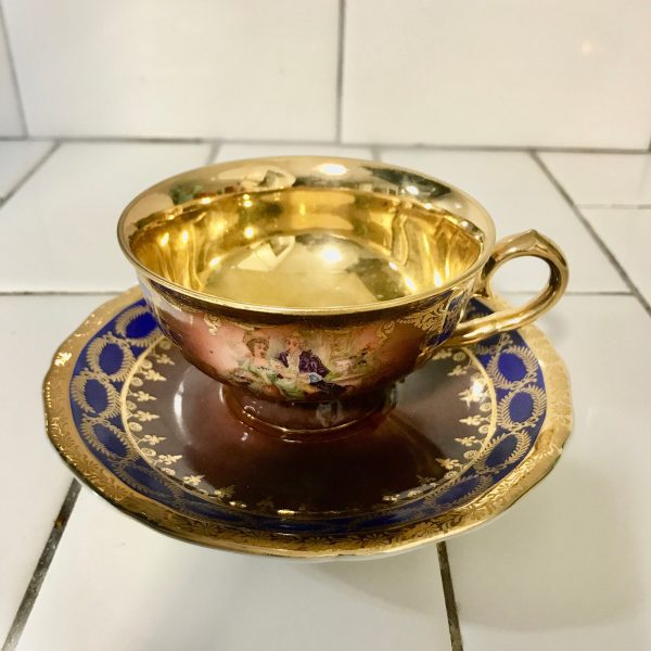 Antique Bavarian Demitasse Tea Cup and Saucer Victorian Scene heavy gold Germany Collectible Display Farmhouse fine serving courting couple