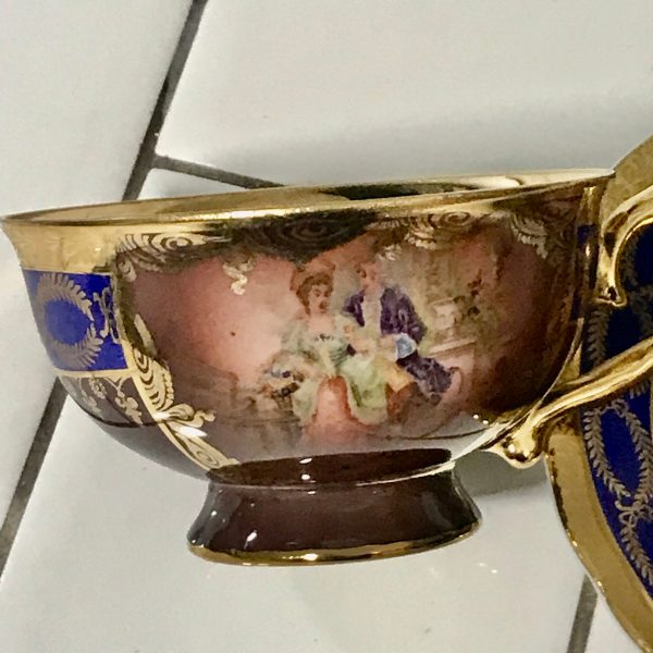 Antique Bavarian Demitasse Tea Cup and Saucer Victorian Scene heavy gold Germany Collectible Display Farmhouse fine serving courting couple
