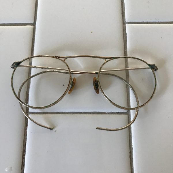Antique eyeglasses gold wire rim Aviator type collectible display farmhouse office ornate rims and side pieces and nose piece gold filled