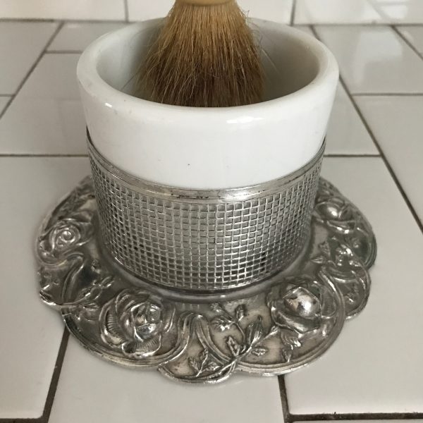 Antique Men's Shaving Mirror with Cup and Brush Silverplate ornate mesh basket with porcelain cup adjustable heght farmhouse collectble