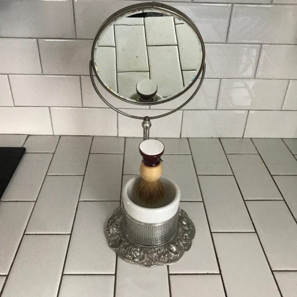 Antique Men's Shaving Mirror with Cup and Brush Silverplate ornate mesh basket with porcelain cup adjustable heght farmhouse collectble