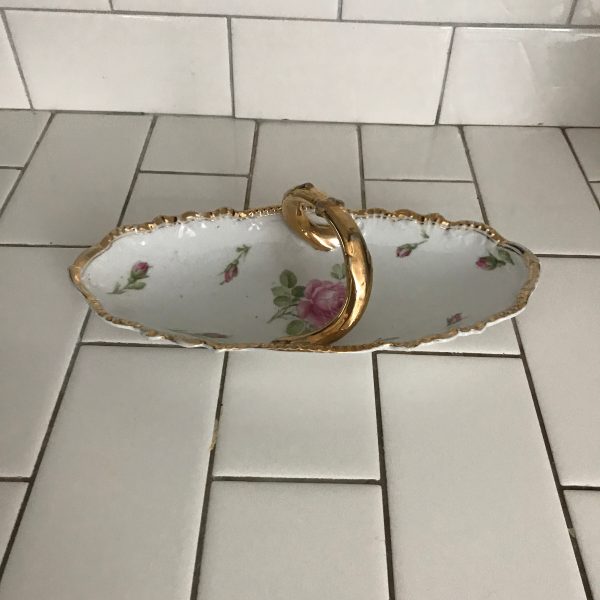 Antique Oval snack dish handled top hand painted flowers Bavaria Moschendorf M Crown Bavaria mark ca. 1910 Cabbage rose gold trim