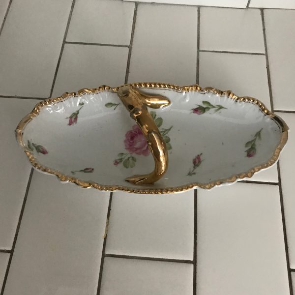 Antique Oval snack dish handled top hand painted flowers Bavaria Moschendorf M Crown Bavaria mark ca. 1910 Cabbage rose gold trim