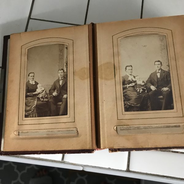 Antique Photo Album 19 cabinet cards collectible farmhouse display history museum leather binding ornate  1800's with clip