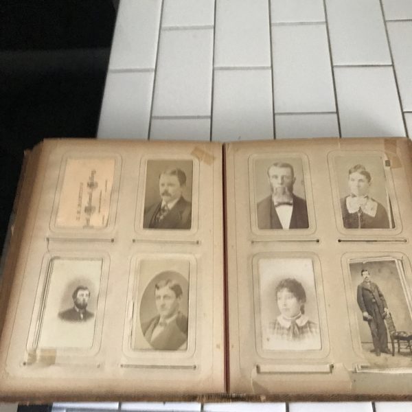 Antique Photo Album 70 cabinet cards collectible farmhouse display history museum leather binding ornate  1800's gold pages