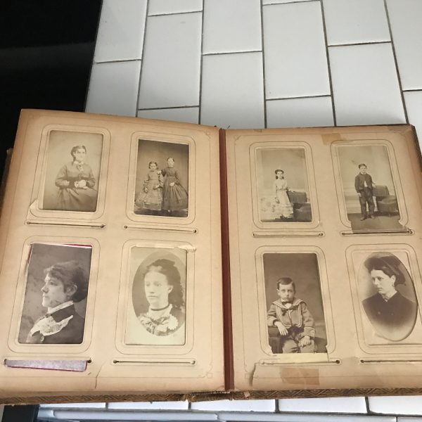 Antique Photo Album 70 cabinet cards collectible farmhouse display history museum leather binding ornate  1800's gold pages