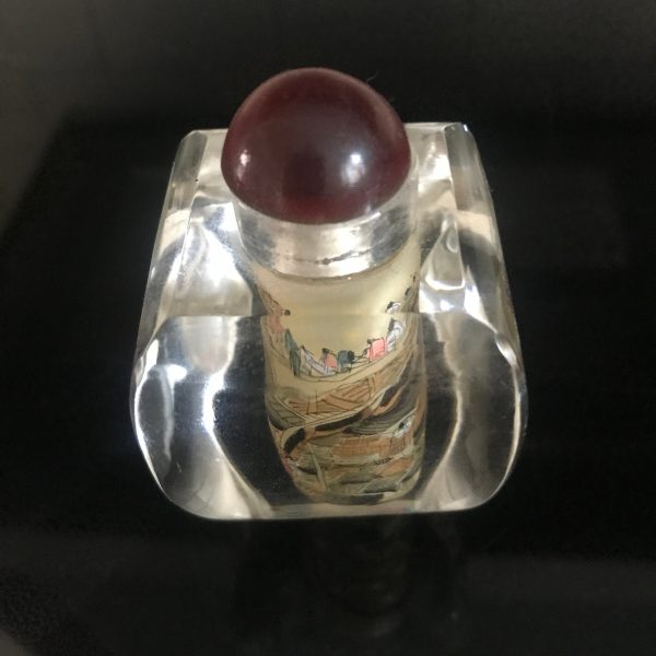 Antique Snuff Bottle glass with reverse painted scene on all 4 sides red stopper Ornate tiny painting collectible display