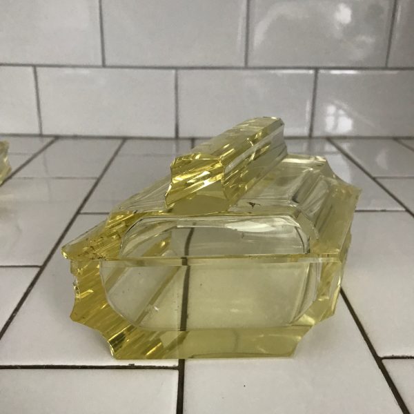 Antique Stunning Yellow Crystal Vanity Set Perfume bottle tray covered dish ART DECO stunning design and color collectible display