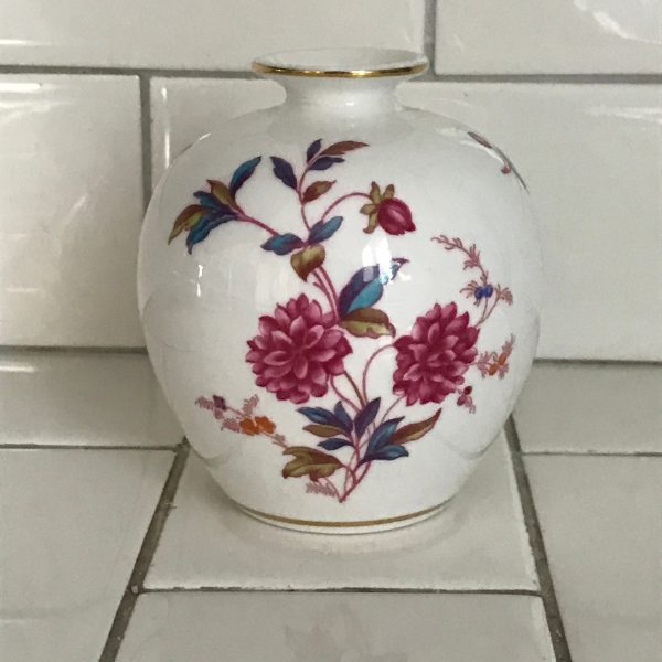 Beautiful Spode Vintage Vase Pink Purple blue floral delicate design collectible bud base display England Gold trim top and bottom