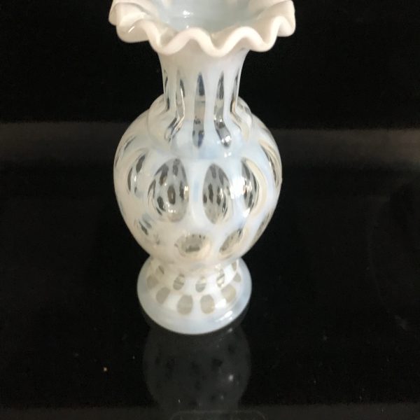 Fenton Coin dot glass vase 6 1/2" tall Opalescent collectible display vintage home decor bud vase clear and white farmhouse cottage.