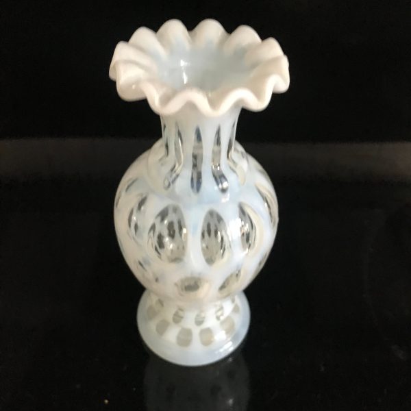 Fenton Coin dot glass vase 6 1/2" tall Opalescent collectible display vintage home decor bud vase clear and white farmhouse cottage.