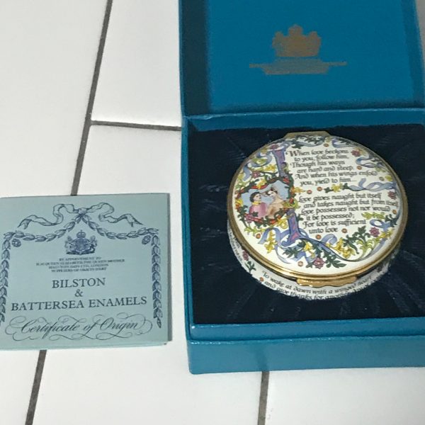 Halcyon Days Enameled Trinket box The Profit Mint condition with box and COA vintage collectible display Bilston and Battersea Enamels