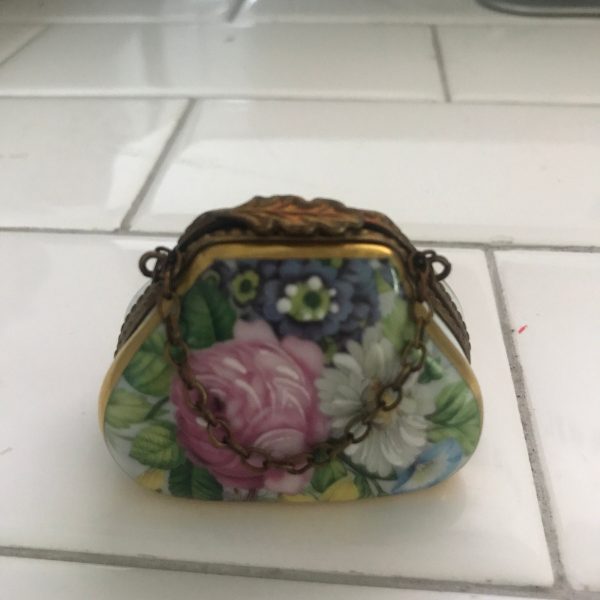 Limoges Trinket box hinged lid SMALL PURSE painted inside and signed collectible hand painted gold trim collectible display
