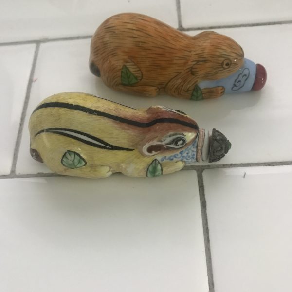 Pair of Rhodent Snuff Bottles Chipmunk and Cat or other animal Ornate tiny painting collectible display intricate hand painted