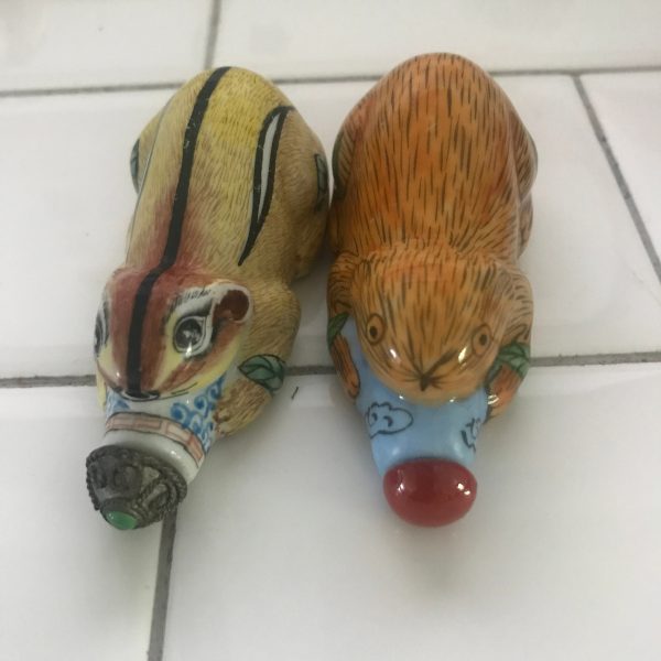 Pair of Rhodent Snuff Bottles Chipmunk and Cat or other animal Ornate tiny painting collectible display intricate hand painted