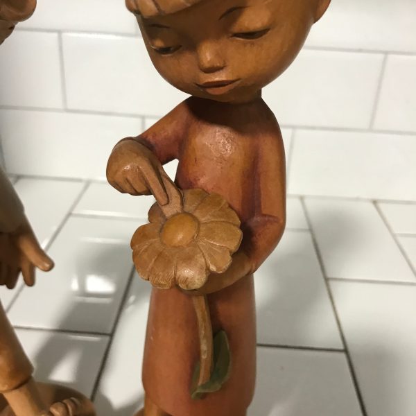 RARE Pair Vintage Siegfried Hafner Anri "Happy Children Boy &Girl Flower" Wood Carving Figurines Italy 1950's flower power great detail