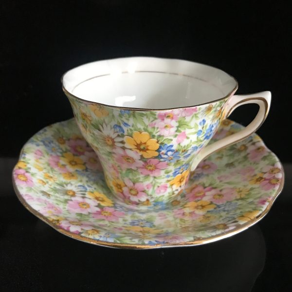 Rosina Tea Cup and Saucer Fine bone china England Chintz Flowers pink yellow blue green Collectible Display Farmhouse bridal morning coffee