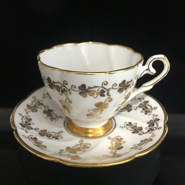 Royal Standard Tea cup and saucer England Fine bone china Gold Shamrocks farmhouse collectible display serving dining Scalloped rims