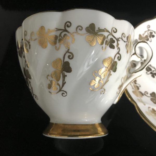 Royal Standard Tea cup and saucer England Fine bone china Gold Shamrocks farmhouse collectible display serving dining Scalloped rims
