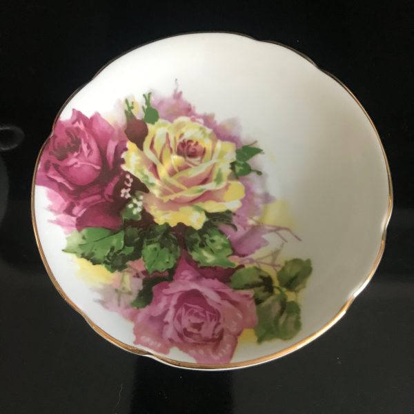 Stanley Tea cup and saucer England Fine bone china Large Roses Yellow & Pink  Burgundy gold trim farmhouse collectible display serving