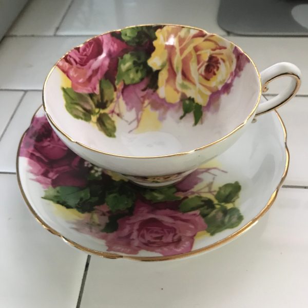 Stanley Tea cup and saucer England Fine bone china Large Roses Yellow & Pink  Burgundy gold trim farmhouse collectible display serving