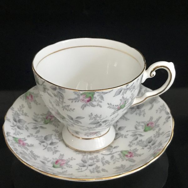 Tuscan tea cup and saucer England Fine bone china Pink Roses Gray leaves and stems Chintz farmhouse collectible display dining floral