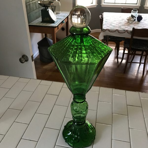 Unique Vintage Liquor Decanter green lamp post with clear glass stopper RARE Estate find collectible glass barware farmhouse cottage