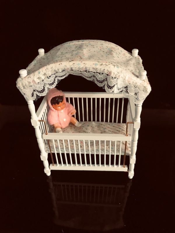 Vintage Doll Crib Baby bed wooden with tiny baby Canopy Bed Miniature with adjustable side collectible display
