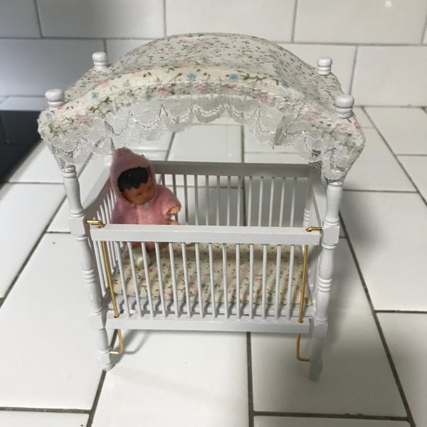 Vintage Doll Crib Baby bed wooden with tiny baby Canopy Bed Miniature with adjustable side collectible display