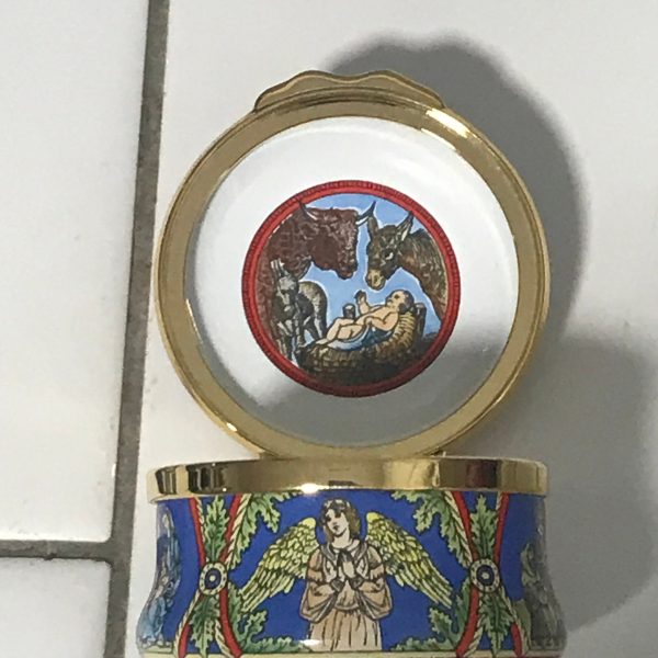 Vintage Halcyon Enameled Trinket box Christmas 2000 Religious design Baby Jesus inside lid with box and paperwork collectible display