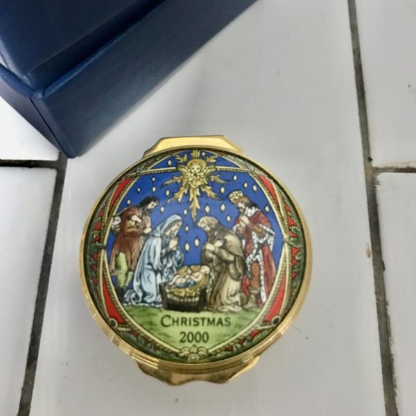 Vintage Halcyon Enameled Trinket box Christmas 2000 Religious design Baby Jesus inside lid with box and paperwork collectible display